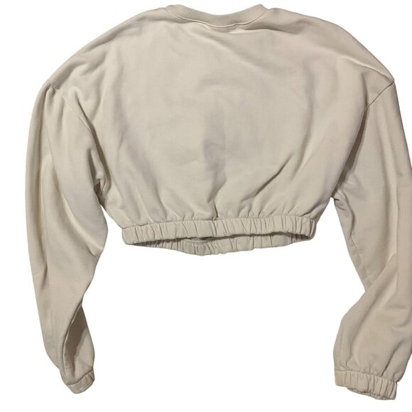 Beige Bontany Women Sweatshirt Cropped&Smocked Extra Long Sleeves Oversized M - Picture 5 of 9